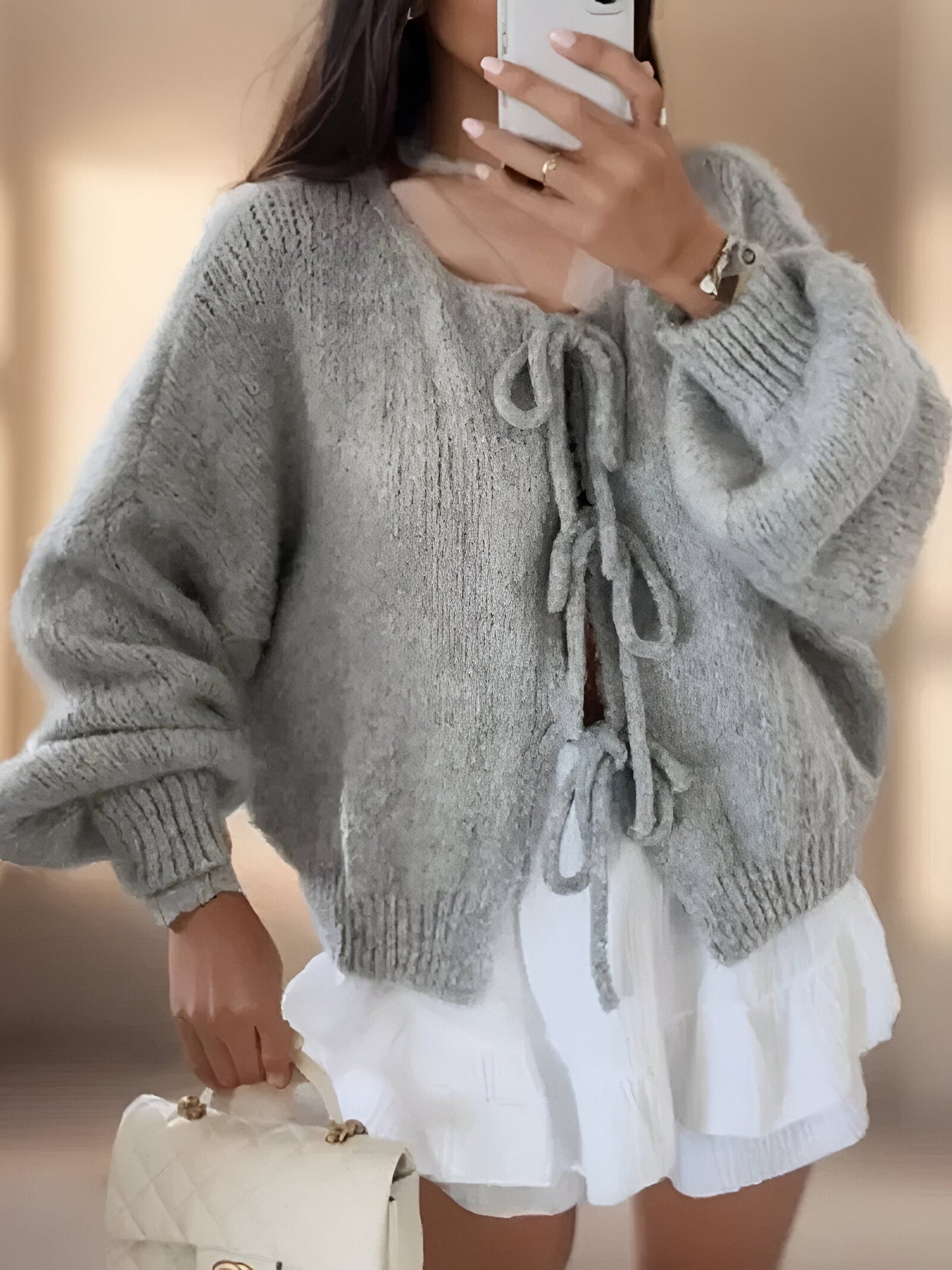 Marie | Strikket Cardigan med Sløjfe